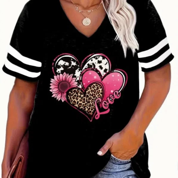 Plus Size Spring/Summer New Love Print V-Neck T-Shirt 5XL 6XL