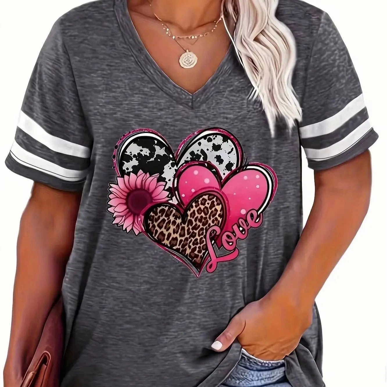 Plus Size Spring/Summer New Love Print V-Neck T-Shirt 5XL 6XL