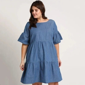 Plus Size Summer Casual Denim Dress Half Flounce Sleeve Knee Length Smock Dress for Women