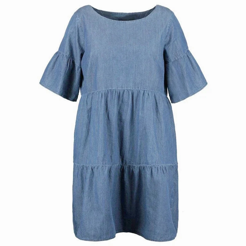 Plus Size Summer Casual Denim Dress Half Flounce Sleeve Knee Length Smock Dress for Women