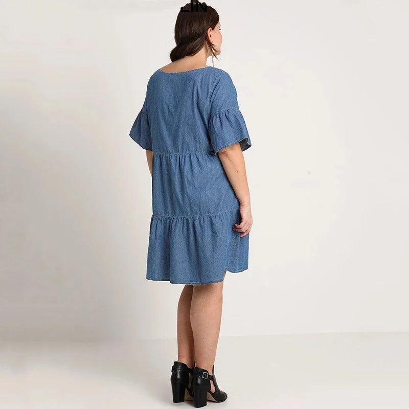 Plus Size Summer Casual Denim Dress Half Flounce Sleeve Knee Length Smock Dress for Women