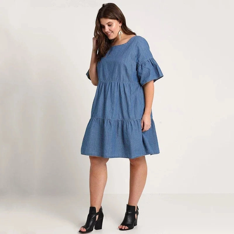 Plus Size Summer Casual Denim Dress Half Flounce Sleeve Knee Length Smock Dress for Women