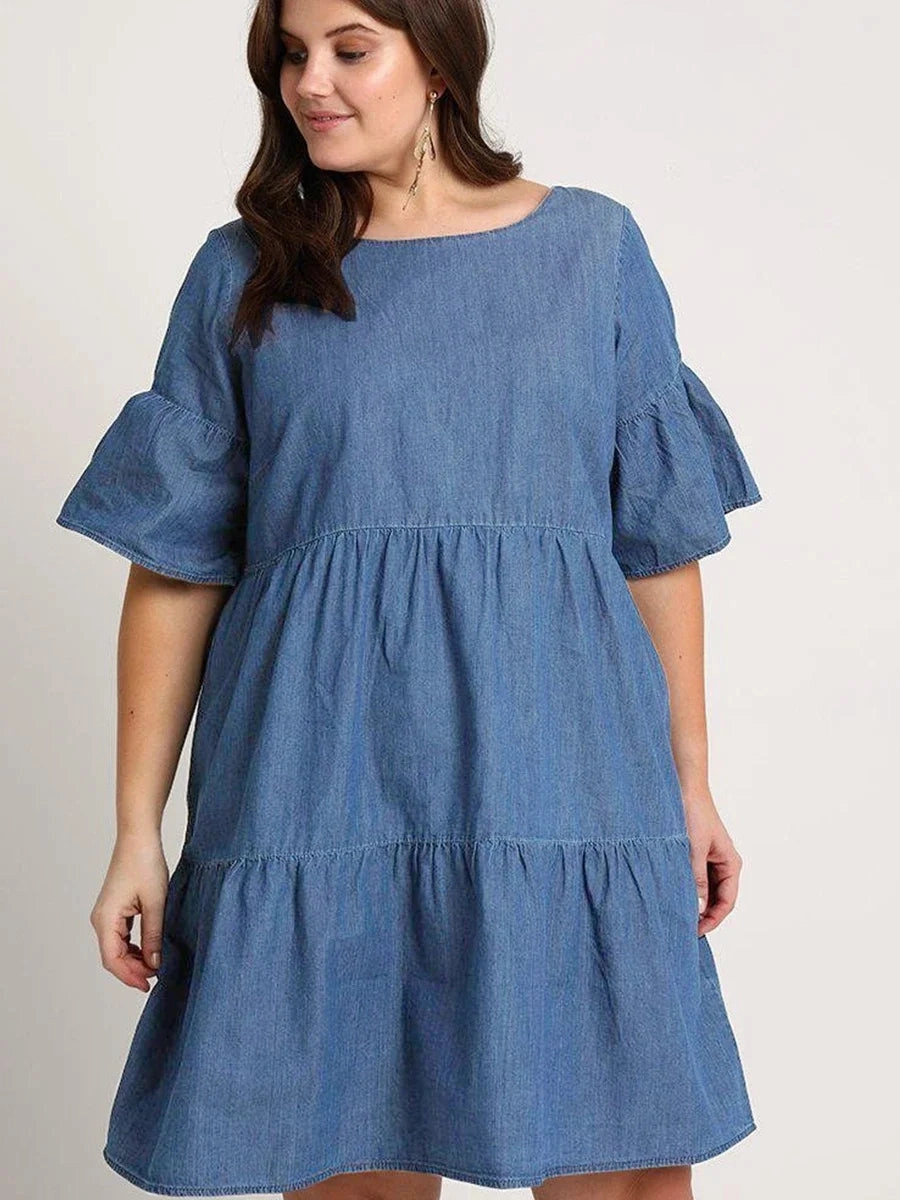 Plus Size Summer Casual Denim Dress Half Flounce Sleeve Knee Length Smock Dress for Women