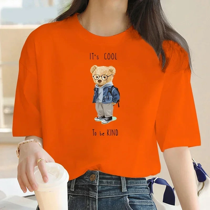 Plus Size Summer Print T Shirt for Women Oversized Casual Cotton Top with Bear Design and O Neck for Going Out and Daily Wear