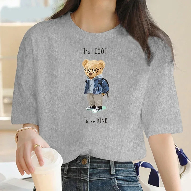 Plus Size Summer Print T Shirt for Women Oversized Casual Cotton Top with Bear Design and O Neck for Going Out and Daily Wear