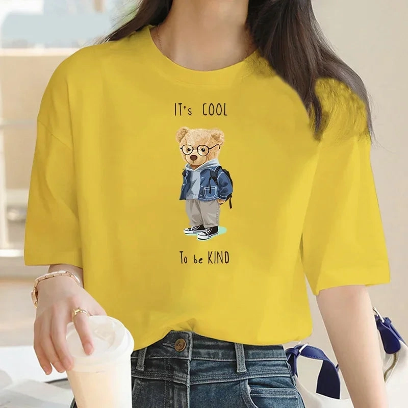 Plus Size Summer Print T Shirt for Women Oversized Casual Cotton Top with Bear Design and O Neck for Going Out and Daily Wear