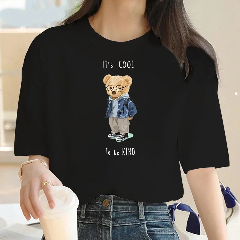 Plus Size Summer Print T Shirt for Women Oversized Casual Cotton Top with Bear Design and O Neck for Going Out and Daily Wear