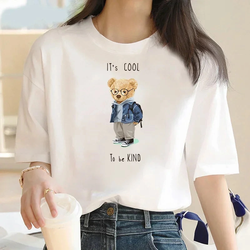 Plus Size Summer Print T Shirt for Women Oversized Casual Cotton Top with Bear Design and O Neck for Going Out and Daily Wear