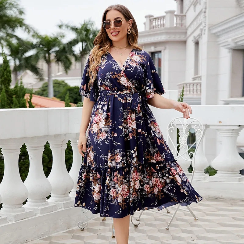Plus Size Summer V-Neck Navy Blue Printed Dress for Women