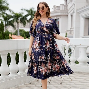 Plus Size Summer V-Neck Navy Blue Printed Dress for Women