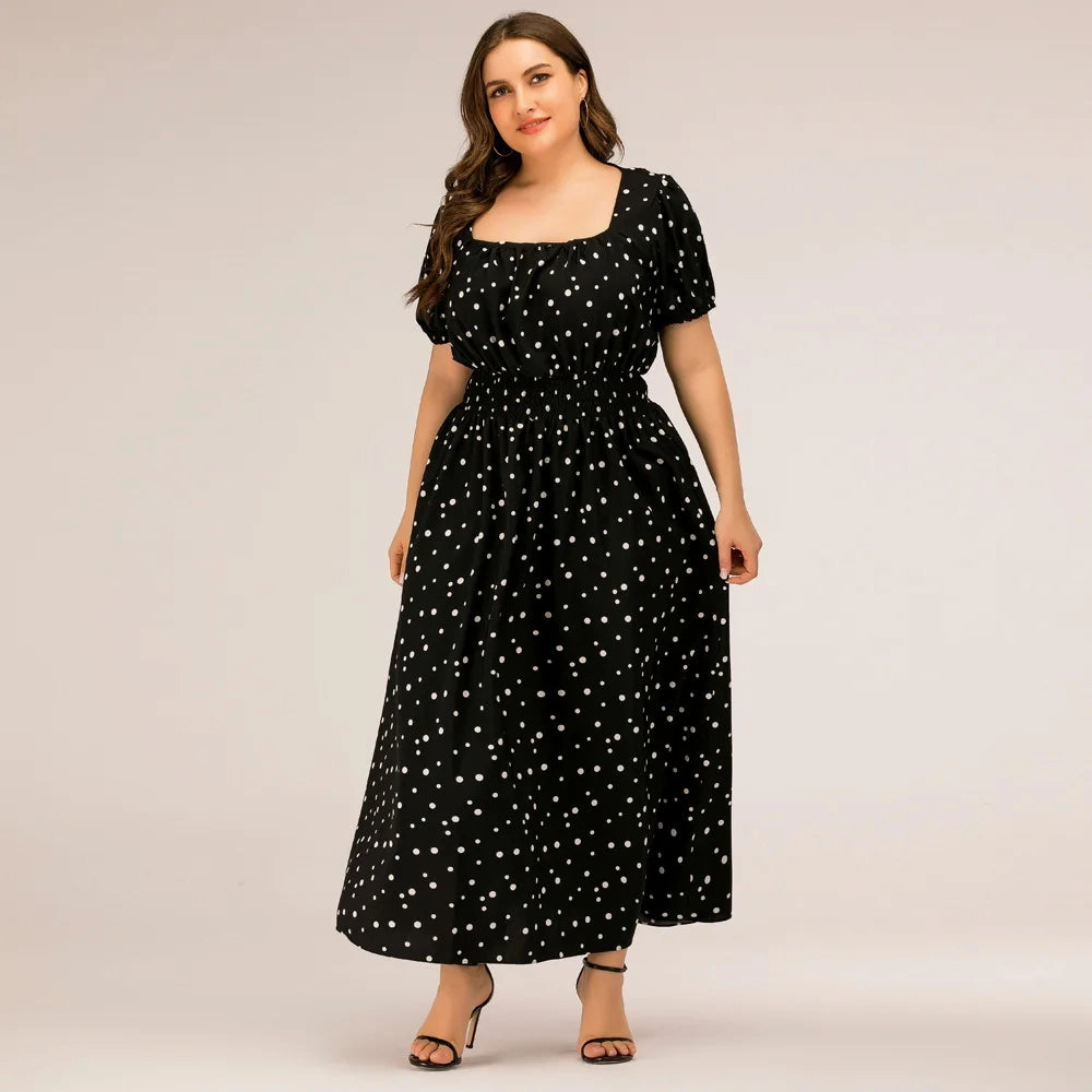 Plus Size Women's Dress Summer Polka Dot Skirt Square Neck Puff Sleeve Ankle Length