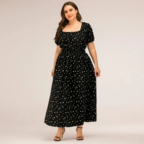 Plus Size Women's Dress Summer Polka Dot Skirt Square Neck Puff Sleeve Ankle Length