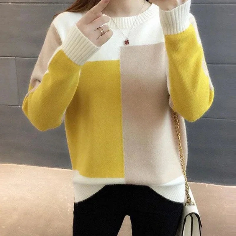 POCZCIY Women's Knitted Ribbed O-Neck Color Contrast Sweater Loose Long Sleeve Pullover for Autumn Winter 2025