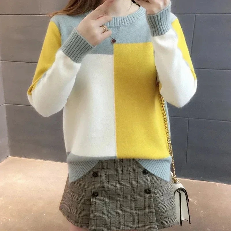 POCZCIY Women's Knitted Ribbed O-Neck Color Contrast Sweater Loose Long Sleeve Pullover for Autumn Winter 2025