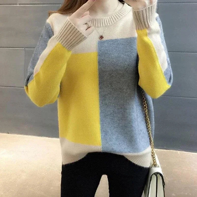 POCZCIY Women's Knitted Ribbed O-Neck Color Contrast Sweater Loose Long Sleeve Pullover for Autumn Winter 2025