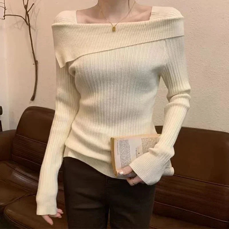 POCZCIY Women Slim Off Shoulder Knit Sweater for Autumn Winter