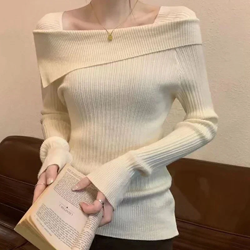 POCZCIY Women Slim Off Shoulder Knit Sweater for Autumn Winter