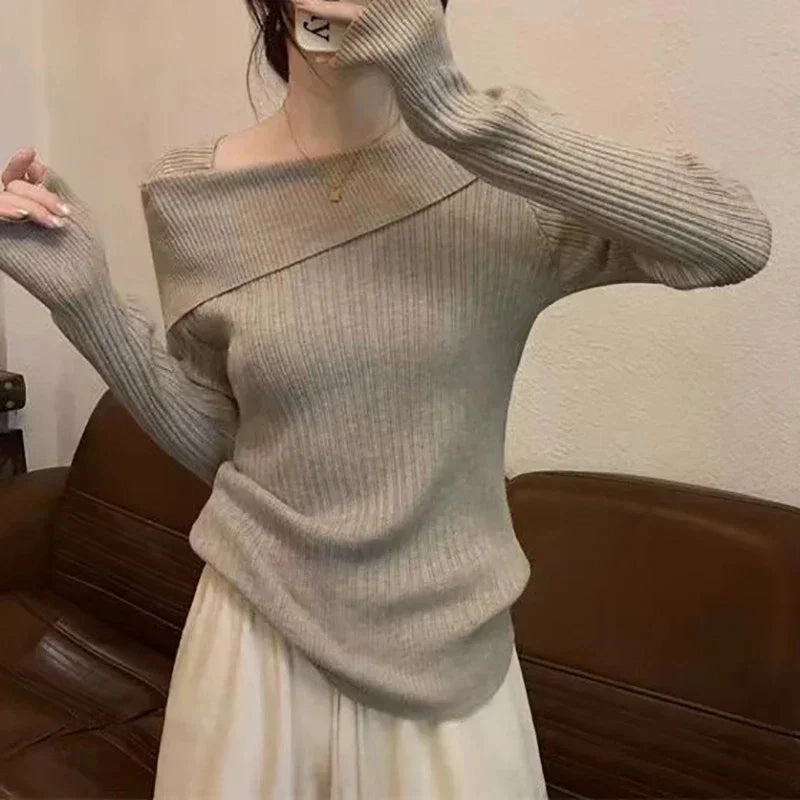 POCZCIY Women Slim Off Shoulder Knit Sweater for Autumn Winter