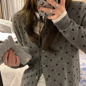 Polka Dot Knitted Cardigan Women??s Long Sleeved Top