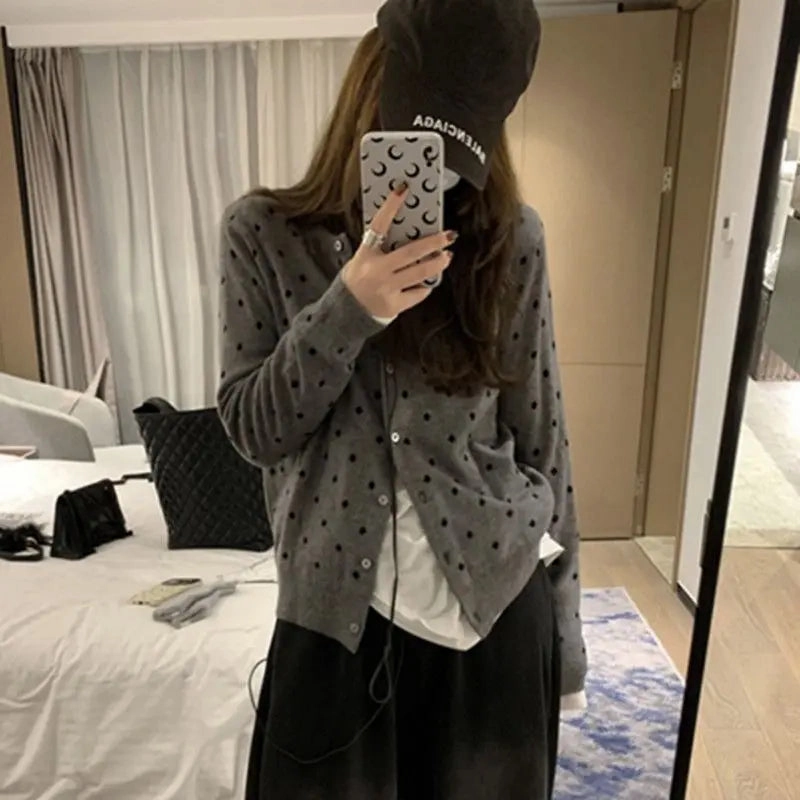 Polka Dot Knitted Cardigan Women??s Long Sleeved Top
