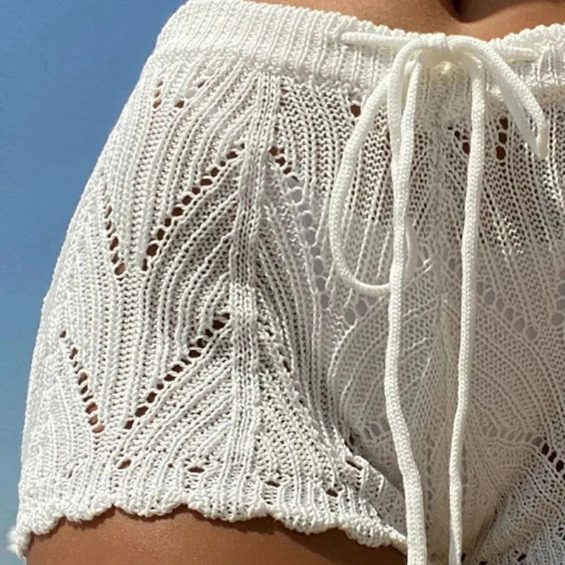 Polyester100.00% Hollow Drawstring Open Waist Knitted Bikini Women's Shorts