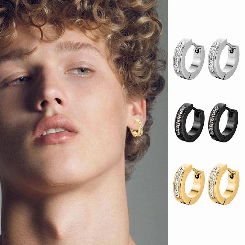 Punk Stainless Steel Hoops Earrings for Men with Crystal