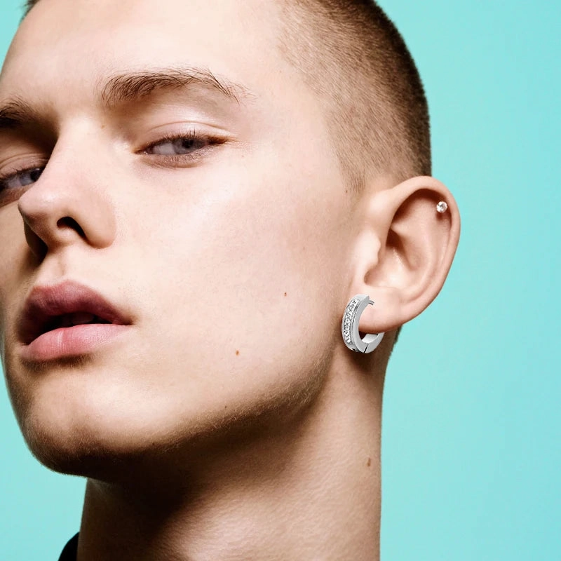 Punk Stainless Steel Hoops Earrings for Men with Crystal