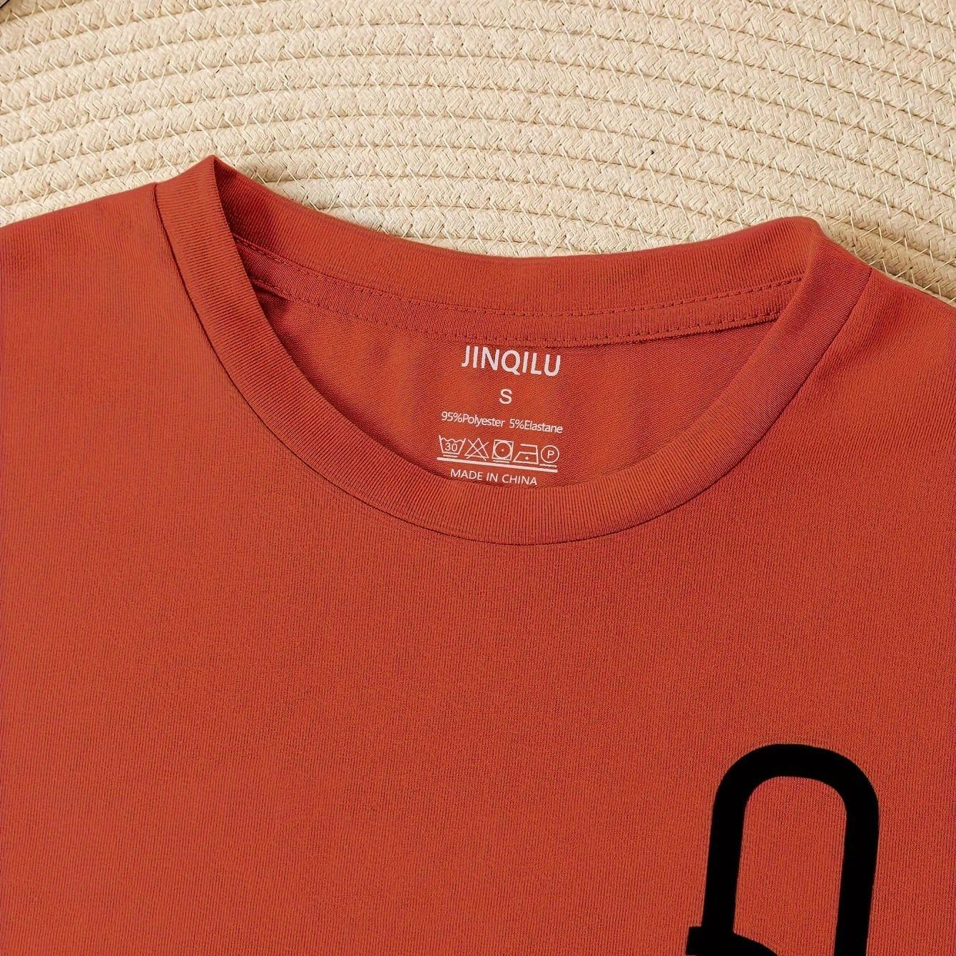Q & Heart Print Crew Neck T-Shirt, Casual Short Sleeve Top