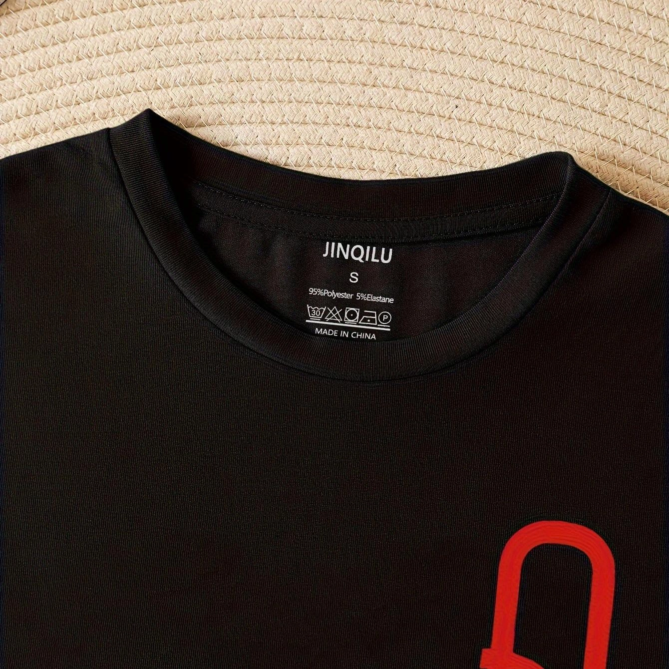 Q & Heart Print Crew Neck T-Shirt, Casual Short Sleeve Top