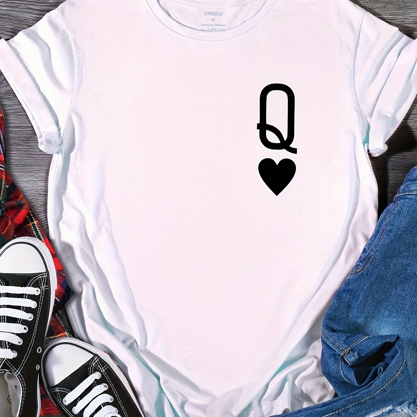 Q & Heart Print Crew Neck T-Shirt, Casual Short Sleeve Top