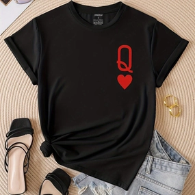 Q & Heart Print Crew Neck T-Shirt, Casual Short Sleeve Top