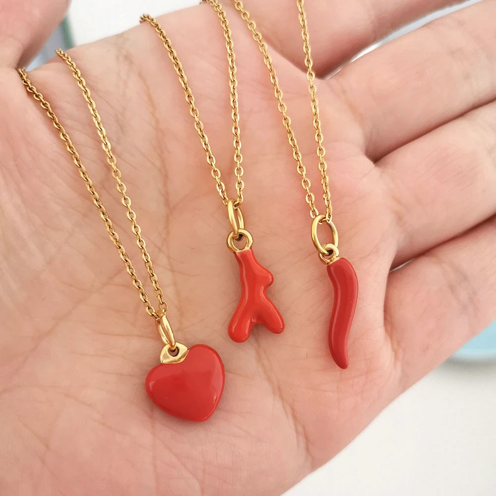 QMHJE Women Pendant Necklace Slim Choker Coral Heart Gold