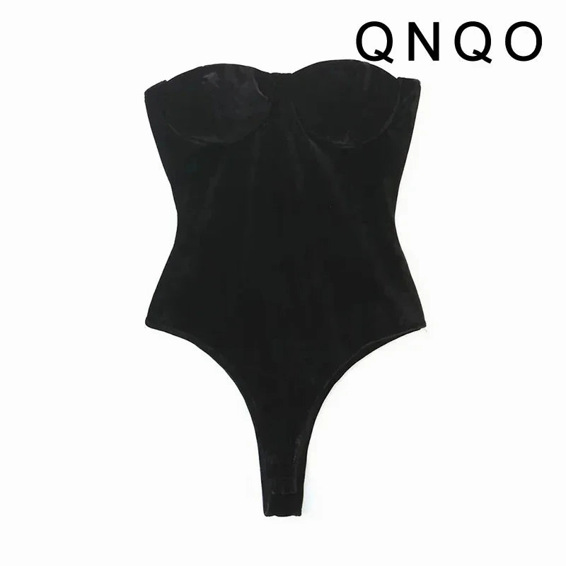 QNQO Black Velour Bodysuits for Women Strapless Sexy Playsuits Summer Slim Fit Velvet Fashion Top