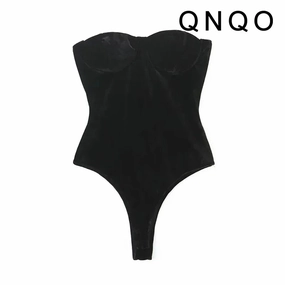 QNQO Black Velour Bodysuits for Women Strapless Sexy Playsuits Summer Slim Fit Velvet Fashion Top