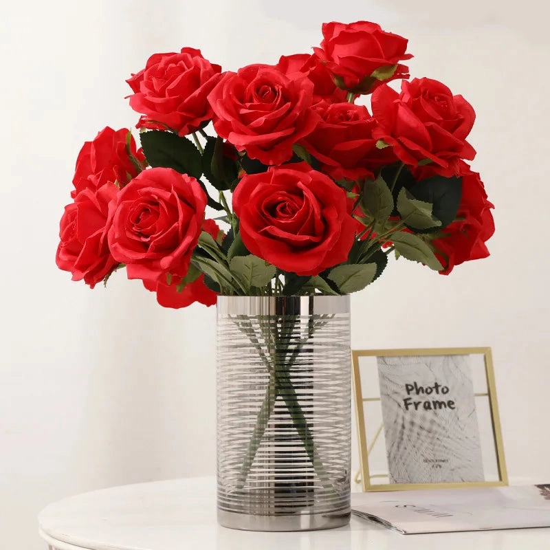 Red Yellow Simulation Rose Bouquet 10 Heads Silk Flowers for Home Decor
