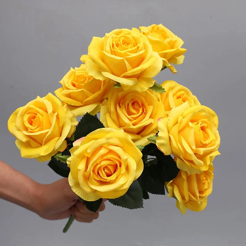 Red Yellow Simulation Rose Bouquet 10 Heads Silk Flowers for Home Decor