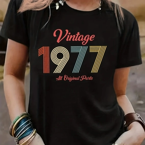 Retro 1977 Letter Print Tee - Women's Casual Short Sleeve Crew Neck T-Shirt for Spring/Summer