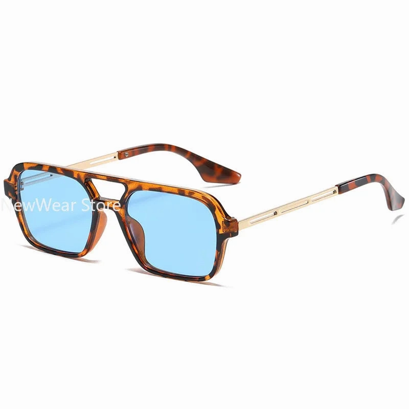 Retro Double Bridges Women Pilot Sunglasses Pink Gradient Stylish Hollow Leopard Design Blue Sun Glasses