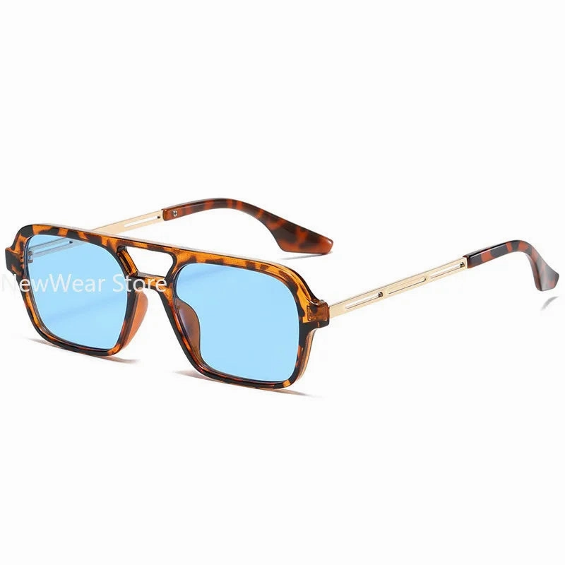 Retro Double Bridges Women Pilot Sunglasses Pink Gradient Stylish Hollow Leopard Design Blue Sun Glasses