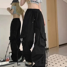 Retro Vintage High Street Baggy Pants Women Oversized Jogger Trousers with Drawstring Pockets for Casual Streetwear Style