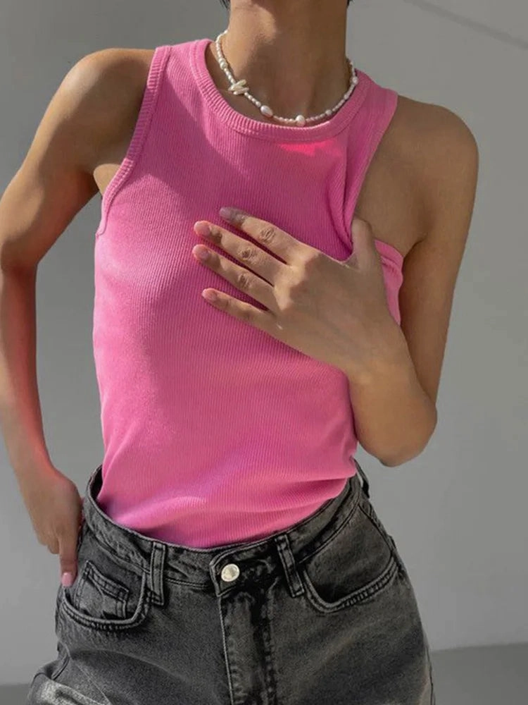 Ribbed Knitted Summer Tank Top Off Shoulder Casual Vest