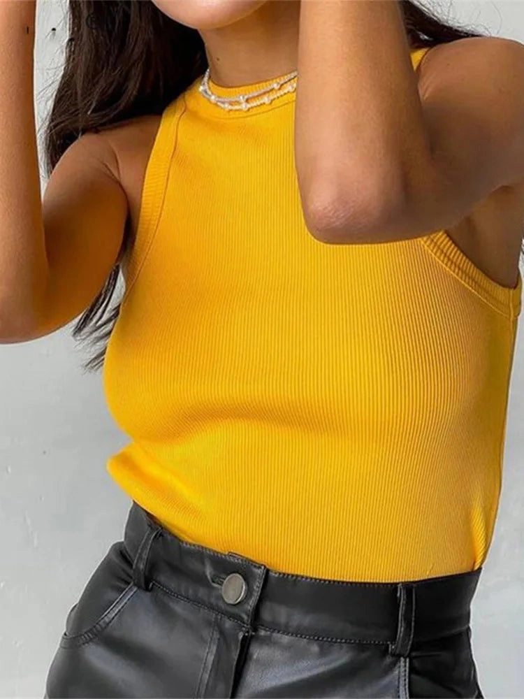 Ribbed Knitted Summer Tank Top Off Shoulder Casual Vest