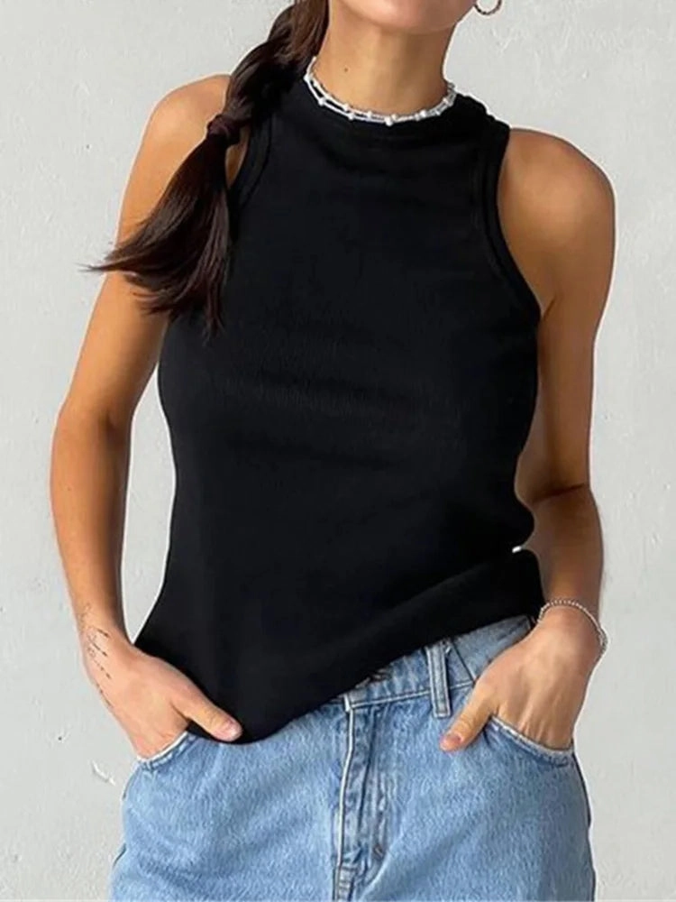 Ribbed Knitted Summer Tank Top Off Shoulder Casual Vest