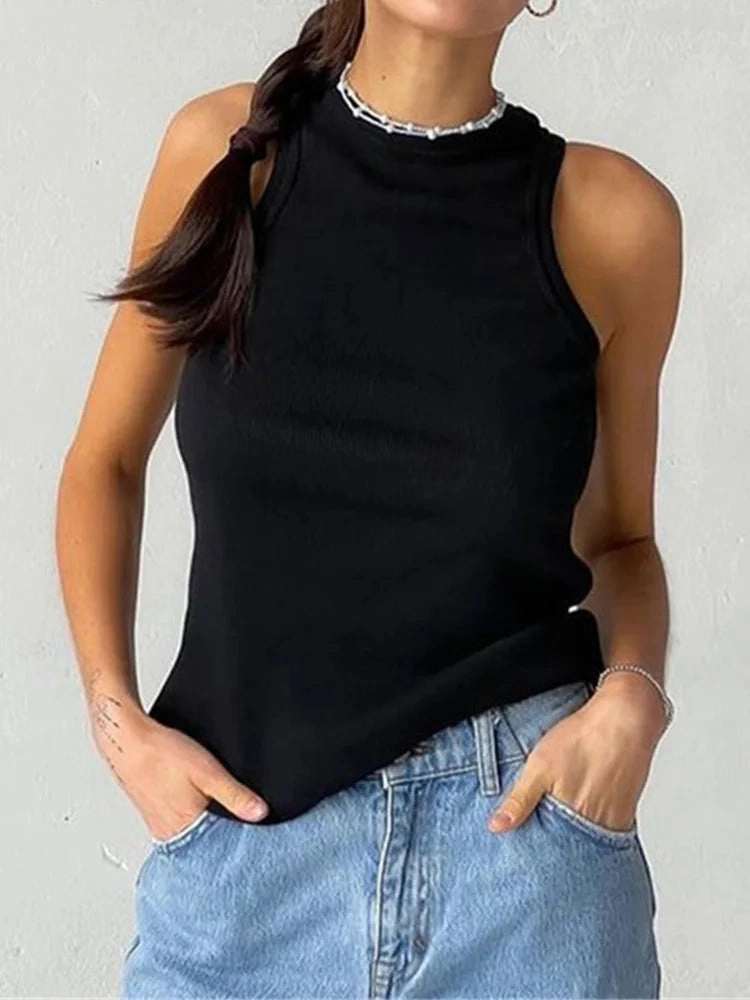 Ribbed Knitted Summer Tank Top Off Shoulder Casual Vest