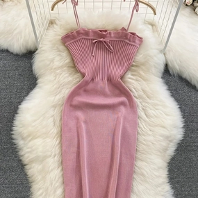 Ribbed Lace Up Dress Elegant Solid Slim Ruffle Trim Bodycon Mini Dress