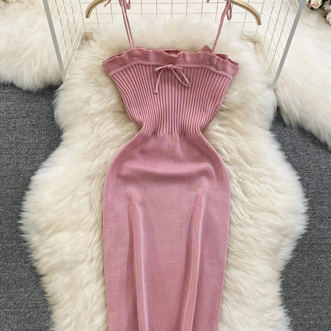 Ribbed Lace Up Dress Elegant Solid Slim Ruffle Trim Bodycon Mini Dress