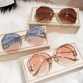 Rimless Sunglasses Women Metal Vintage Stylish Oversized UV400
