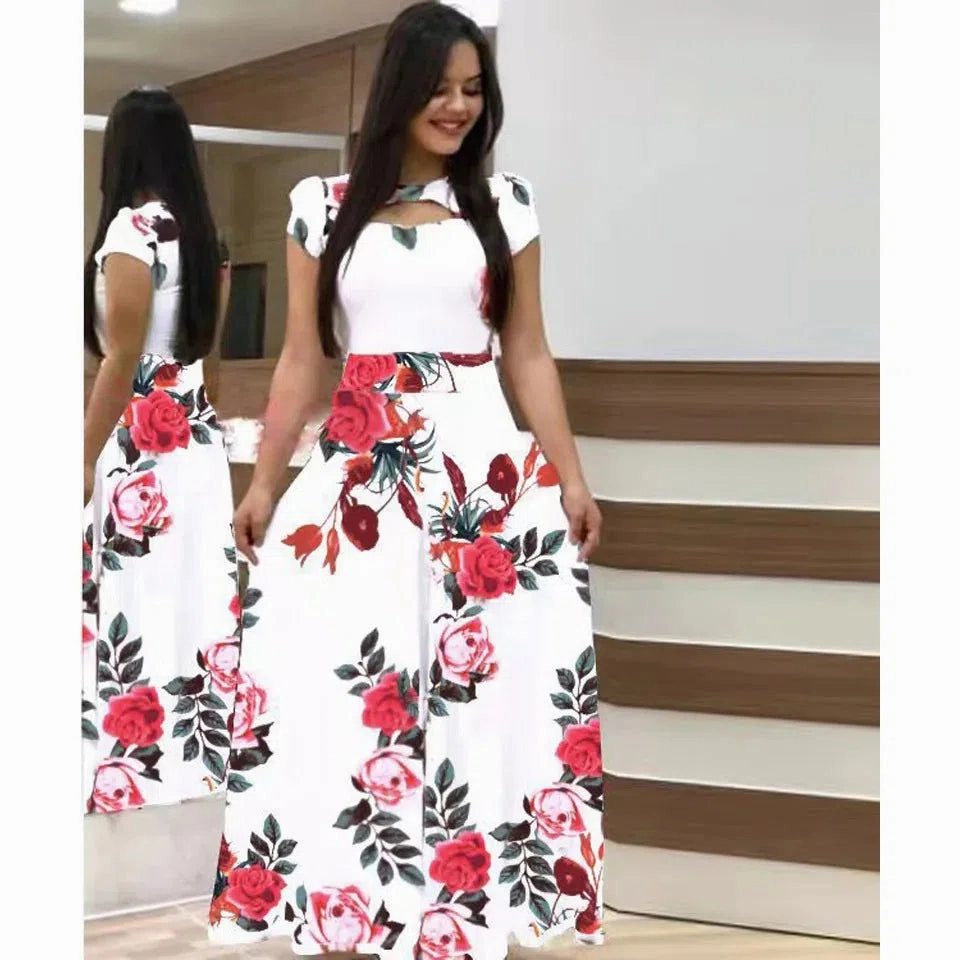 Robe Women's Casual Flower Summer Vestido Short-Sleeved Floral Maxi Dress