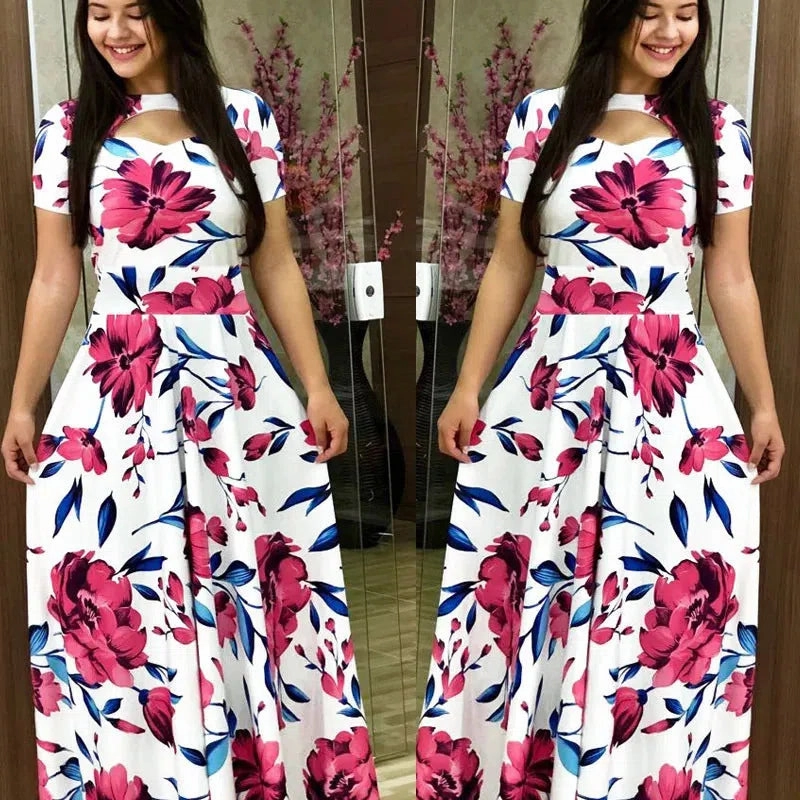 Robe Women's Casual Flower Summer Vestido Short-Sleeved Floral Maxi Dress
