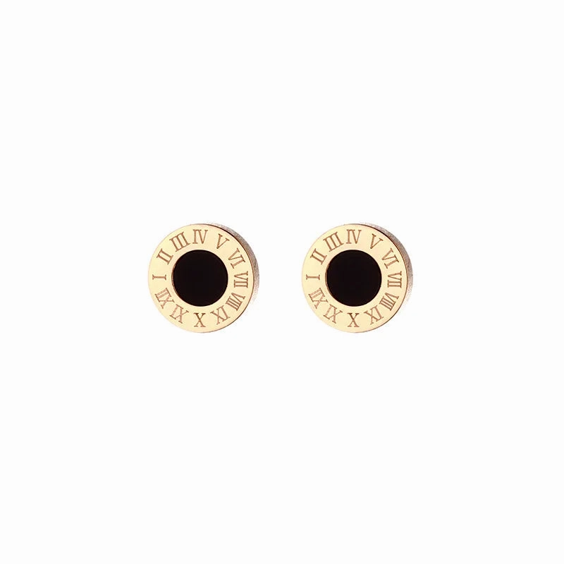 Round Roman Numerals Earrings Gothic Black Enamel Punk CZ